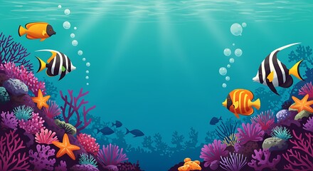 Naklejka premium A colorful illustration of a thriving underwater coral reef ecosystem, bustling with diverse fish, starfish, and sun rays piercing the turquoise water.