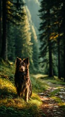 Dog in a sunlit forest path