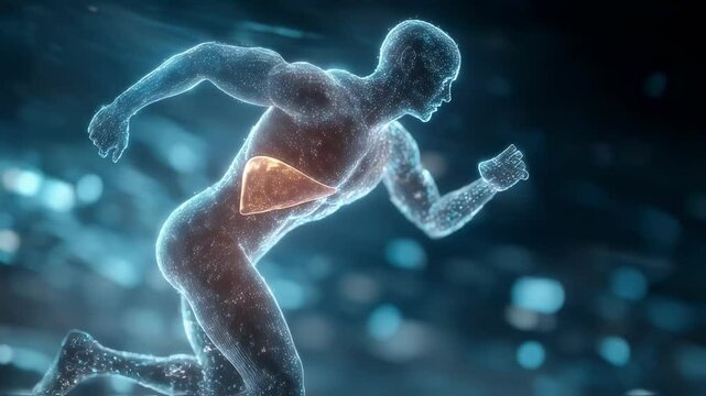 Medical animation showing glowing liver inside running athlete, highlighting its function during physical activity and suggesting the concept of ketosis