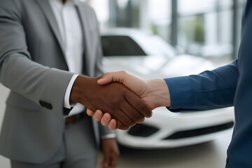 Two adult men, one in a grey suit and the other in a blue shirt, are seen from the chest down, shaking hands in a car dealership