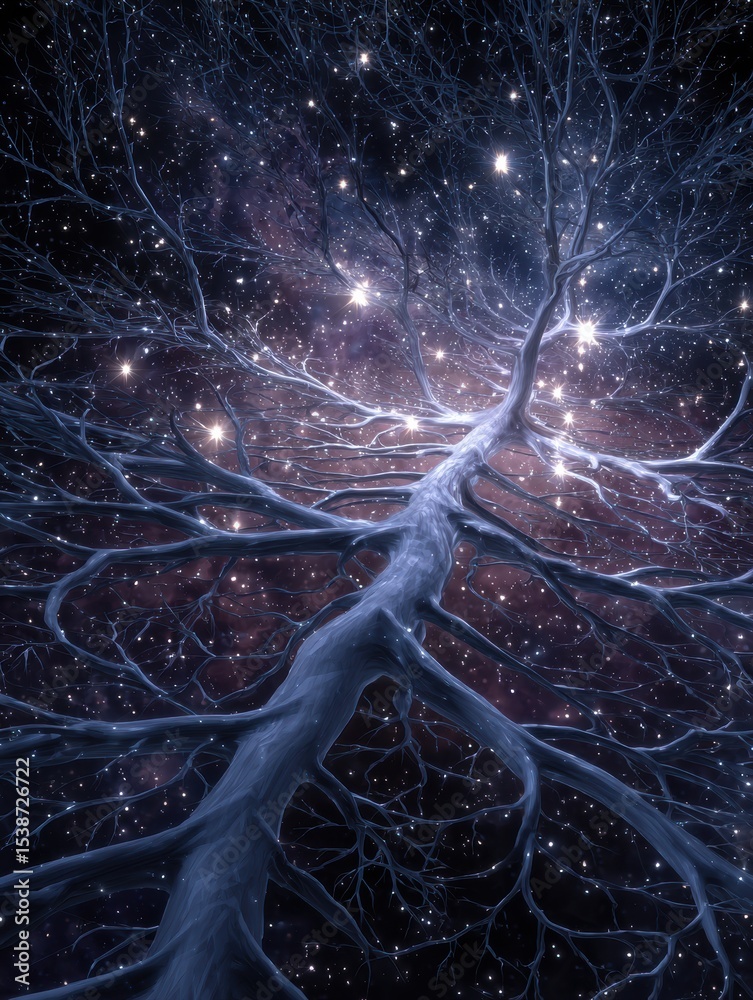 Poster Surreal Depiction of a Nerve System Branching Into Stars Against a Cosmic Background, Exploring the Connection Between Life and the Universe