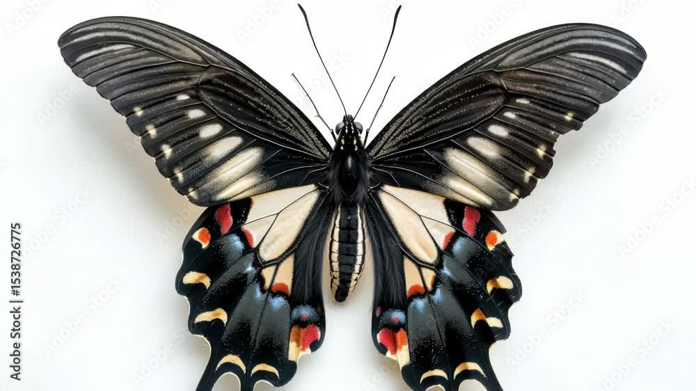 Poster a black and white butterfly perched on a white surface, showcasing its unique color pattern