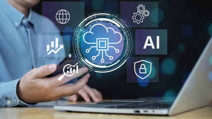 Businessman using cloud data services via mobile device. cloud computing UI, futuristic server network, AI interface, digital data flow, neural matrix, glass dashboard, floating UI elements