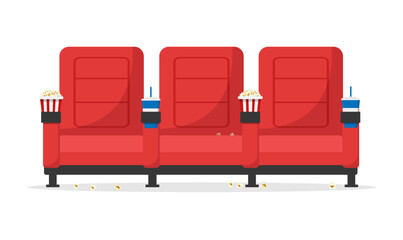 Naklejka premium Front view of red cinema seats isolated on white background. Armchairs in the cinema with drinks and pop corn. Cinema concept. Vector stock