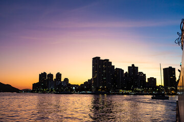 Silhouette of Ponta da Praia in Santos during the ferry crossing to Guaruja.
