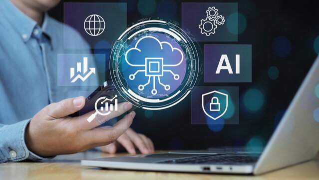 Businessman using cloud data services via mobile device. cloud computing UI, futuristic server network, AI interface, digital data flow, neural matrix, glass dashboard, floating UI elements - Powered by Adobe