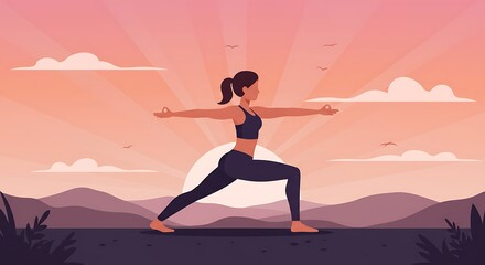 A strong illustration of a woman performing the Warrior II yoga pose (Virabhadrasana II) with outstretched arms, silhouetted against a beautiful sunset or sunrise over mountains.