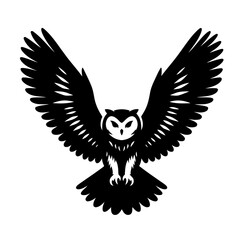 Owl In Flight Black Silhouette Of Bird Of Prey With Wings Spread Wide