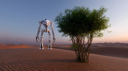 A robotic tree stands alone in the desert landscape.