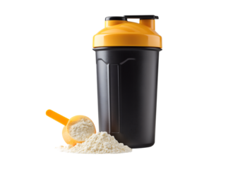 A considerable shaker and an empty container of protein powder isolated on a transparent background