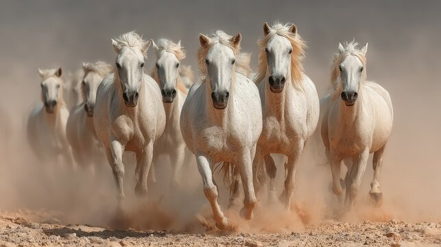 Majestic white horses galloping through sandy terrain under a dusky sky