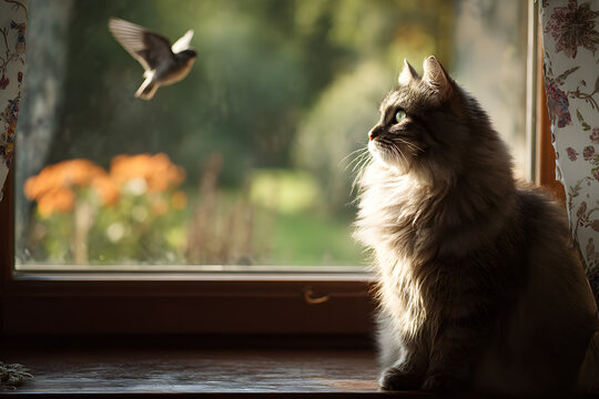A fluffy cat sits by the window, watching a small bird flying outside in the warm afternoon light
