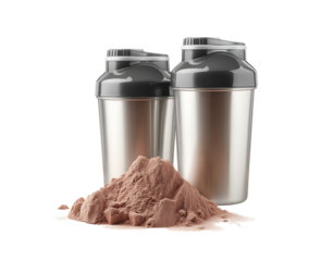 two protein shakers and a small pile of brown powder isolated on a transparent background