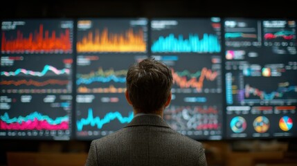 Rear view of man in suit analyzing multiple financial data charts and graphs on large digital screens perfect for finance presentations, stock market videos and investment visuals