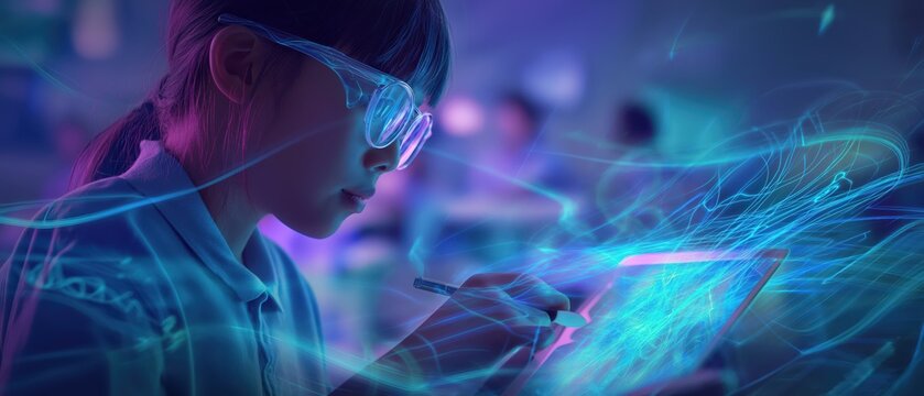 A young person wearing glasses interacts with a futuristic digital tablet, surrounded by dynamic blue light trails symbolizing data and technology. - Powered by Adobe