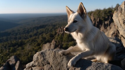 Dog on mountain peak, serene view