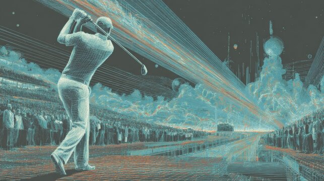 Stylized futuristic illustration of a golfer hitting ball into deep space filled with lights and spectators ideal for sci-fi sports concepts, fantasy editorial designs and imaginative visuals