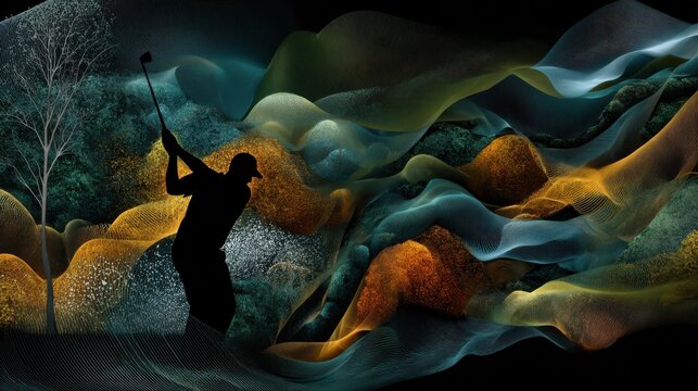 Artistic silhouette of golfer swinging against surreal colorful wave background ideal for fantasy sports concepts, editorial illustrations and dynamic abstract art