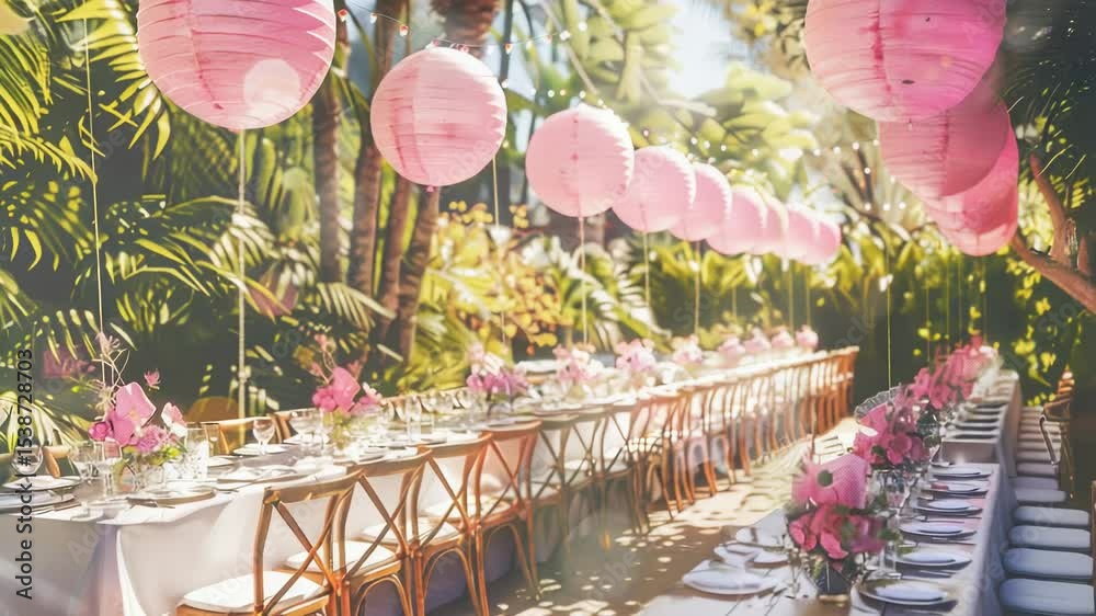 Poster a festive table setting with pink paper lanterns