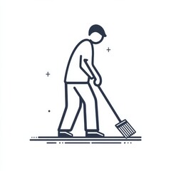 Iconic Minimalist Illustration of a Person Sweeping with a Broom, Depicting Cleaning and Maintenance Services on a Pristine White Background.