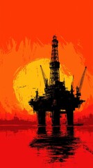Obraz premium Silhouette of an offshore oil rig against a large, setting sun with an intense orange and red sky reflected in the water.
