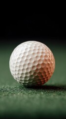 Studio close-up of a single white golf ball on green surface with dark gradient background perfect for sports equipment catalogs, minimal branding and golf club promotions