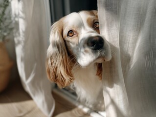 Dog peeks through sheer curtains