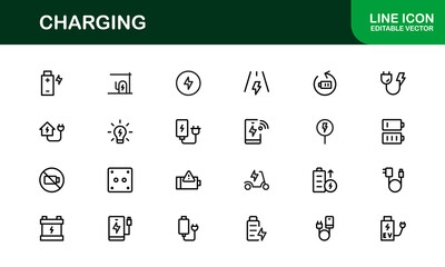 Charging Icon Set Featuring Clean Minimal Designs Perfect for Technology, Power, Battery, and Energy Projects with Vector Quality and Professional Appeal