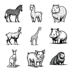 Different types of animal line art bundle vector illustration isolated on a white background