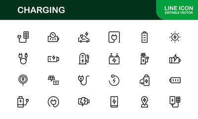 Charging Icon Set Featuring Clean Minimal Designs Perfect for Technology, Power, Battery, and Energy Projects with Vector Quality and Professional Appeal