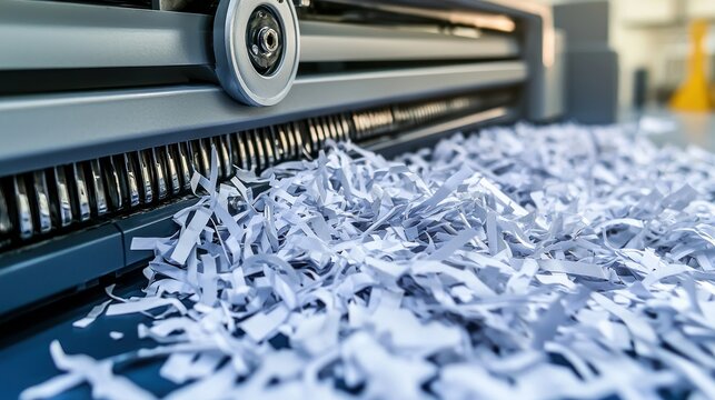 Shredded documents exiting a powerful industrial shredder
