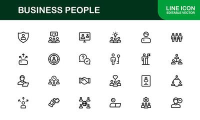 Business People Icon Set Featuring Professionals, Teamwork, Leadership, and Collaboration in Vector Style