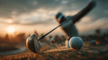 Slow-motion action shot of a golfer swinging a driver at sunset with sand and grass flying from the impact ideal for dynamic sports visuals, golf tournament promotion and outdoor fitness branding