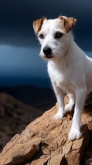 Dog perched on a rocky peak, dramatic sky