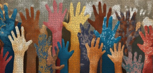 A mosaic artwork of dozens of colorful hands raised upward against a textured background, symbolizing diversity, unity, and community support.
