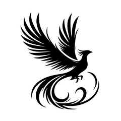 Fototapeta premium Phoenix Black Silhouette Of Mythical Bird With Elegant Wings And Tail