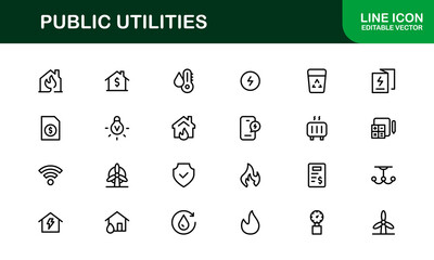 Public Utilities Icon Pack. Clean, Editable Line Icons for Energy, Water Supply, Waste Management, and Urban Infrastructure