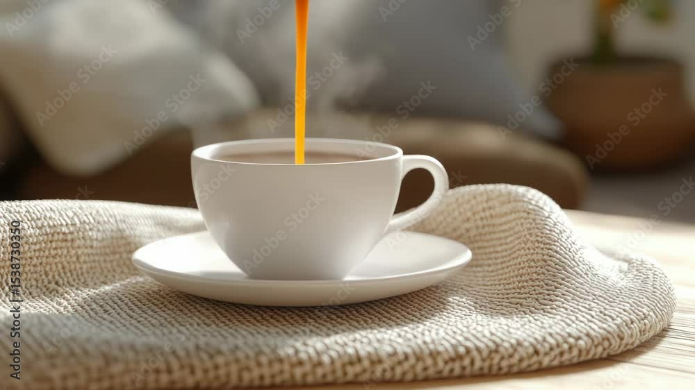 Poster a single serving of coffee resting on its saucer, ready for consumption