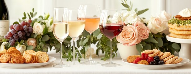 National Wine Day wine glass elegance celebrating Elegant table setting with drinks, cookies, and floral arrangements for a celebration. Classy wine decor