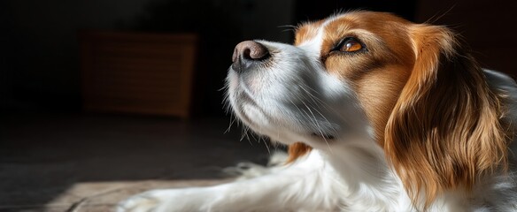 Dog resting, looking up at the light