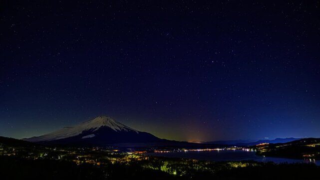 HDR Time Lapse - Starry sky over Mount Fuji and Lake Yamanaka. - HLG 2100 - Peak Around 1000 nits - 4096 x 2304 - 富士山に沈む星空と山中湖