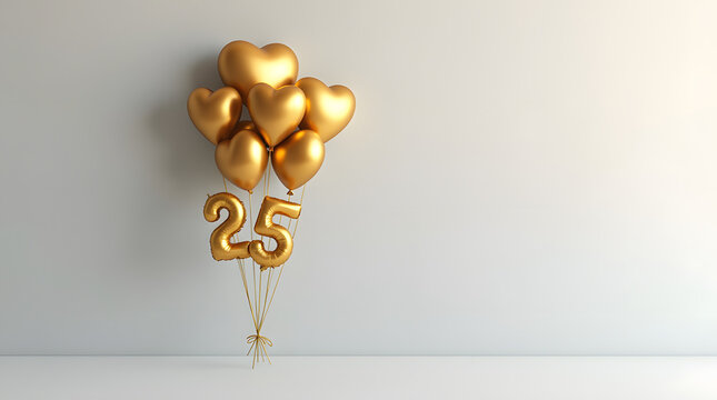 Golden heart-shaped balloons and a shiny number 25 balloon float elegantly against a white backdrop, perfect for a celebration or anniversary - Powered by Adobe