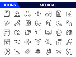 Precise vector web line icons depicting medical care, healthcare tools, diagnostics, treatment, and wellness for patient health and support.
