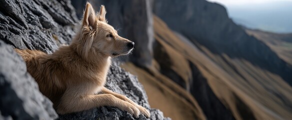 Dog resting on mountain peak