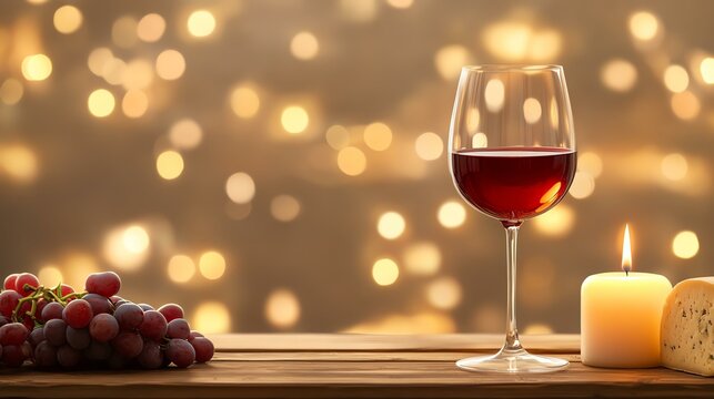 National Wine Day wine glass elegance celebrating Elegant wine glass with grapes and a candle, set against a warm bokeh background. Classy wine decor