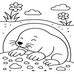 A cute mole digs underground, surrounded by soil and tunnels, drawn in a simple black-and-white outline for coloring.