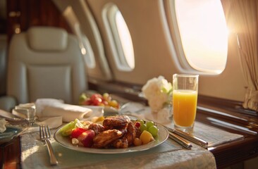 Aircraft meal chicken wings fruit and juice presented elegantly on a private jet illuminated by sunlight