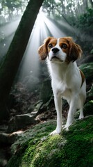 Dog standing amidst nature's beauty, sunbeams piercing the forest
