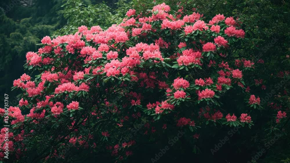 Poster a picturesque scene of a pink flowered tree standing tall in the midst of a dense forest, ideal for 