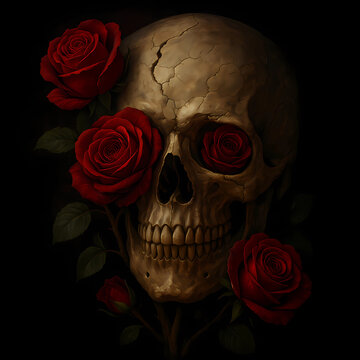 Symbolic Skull with Blooming Red Roses &ndash; Beauty and Decay